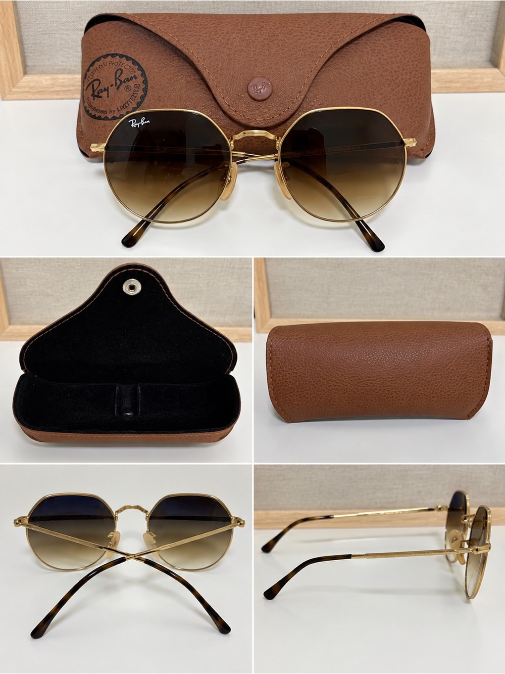 Ray-Ban Gold Frame Brown Gradient Round Sunglasses with Tortoiseshell Temples